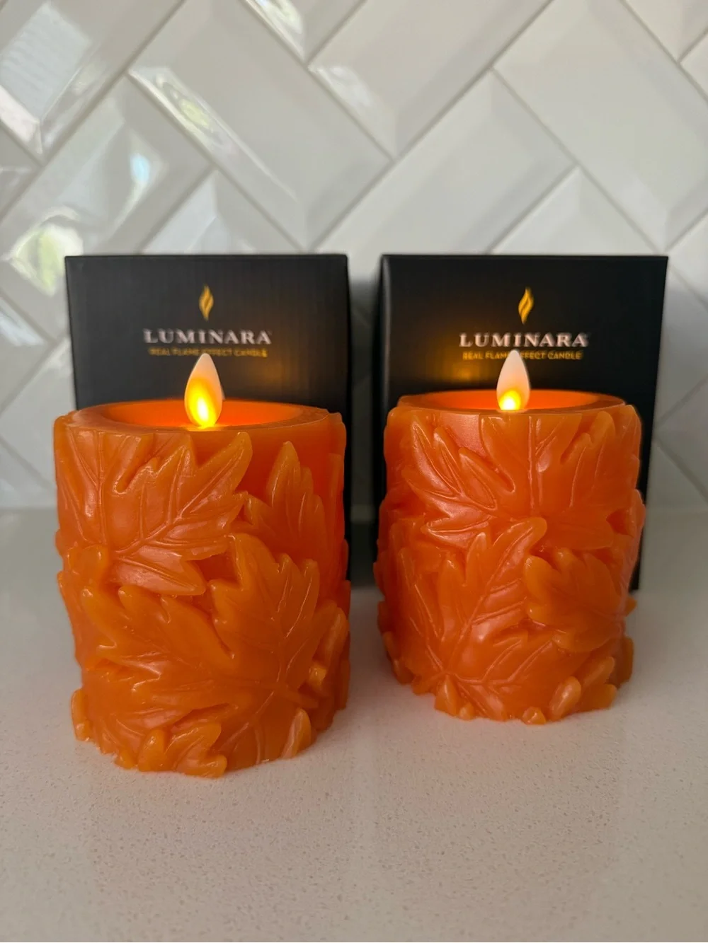 Luminara Marmalade Embossed Leaves Flameless Candles Set of 2 NIB